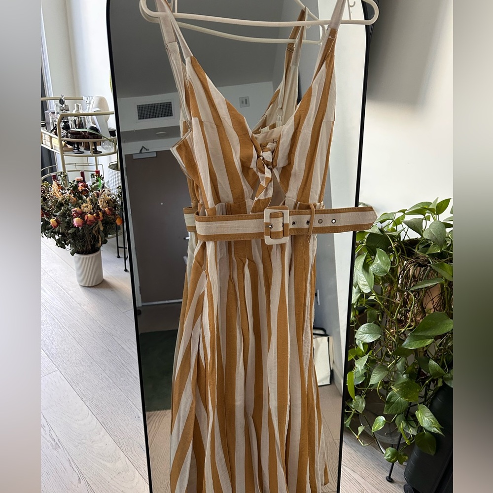 Striped mustard yellow and White Belted Dress